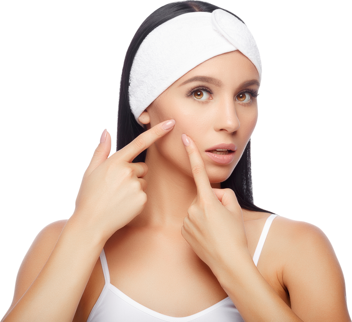 Woman pointing to acne on cheek